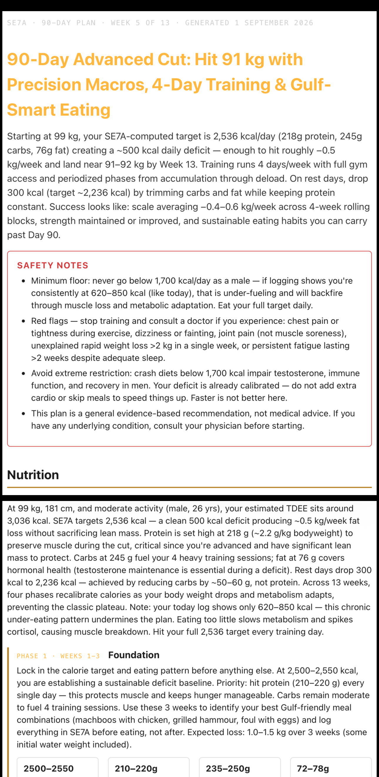 90-day plan narrative with safety notes and nutrition section